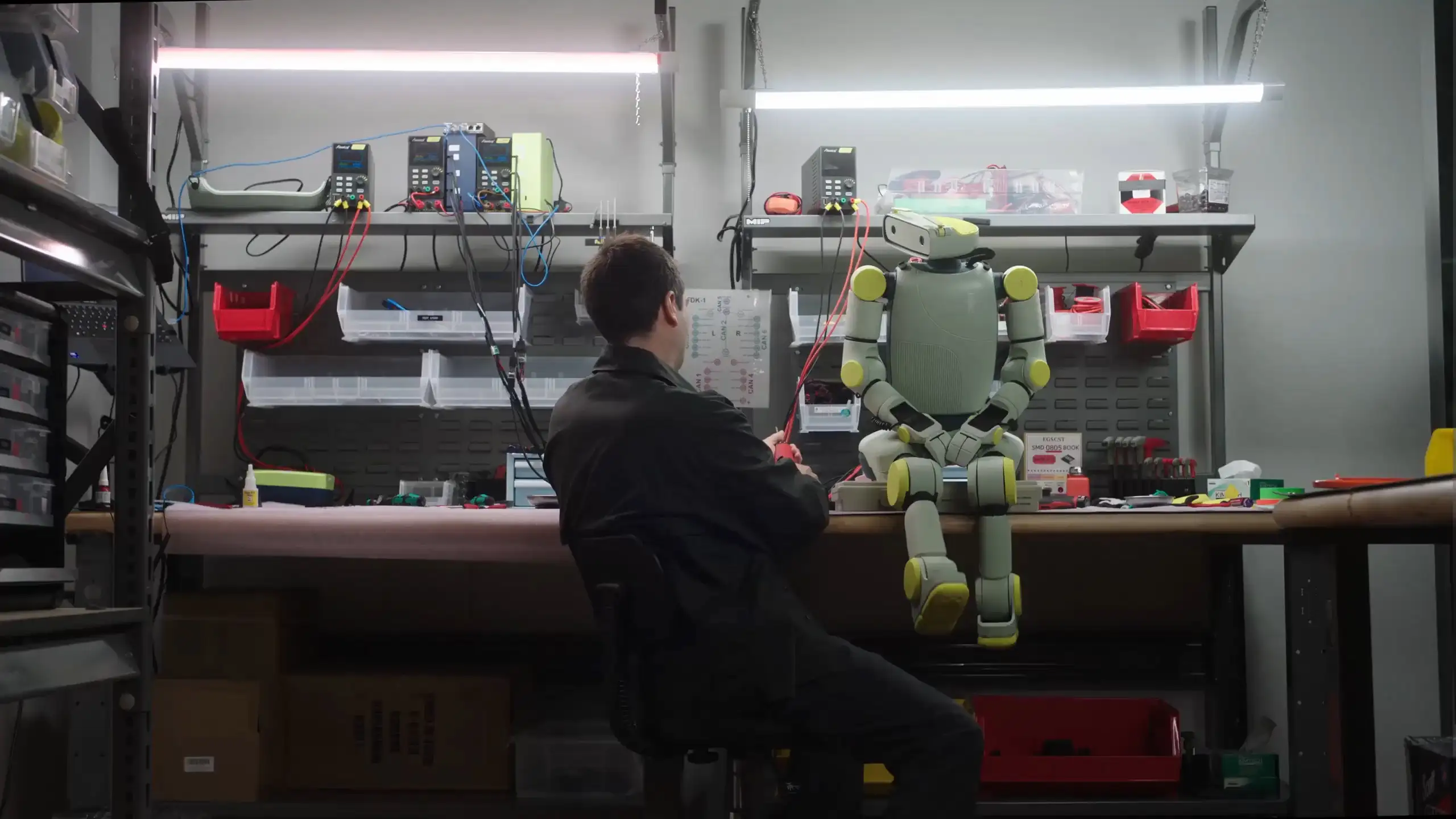Developer at workbench with robot